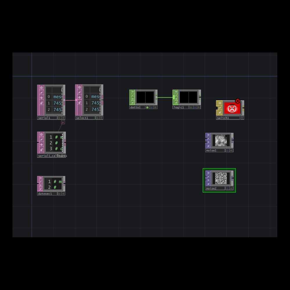 And the third time it happened, it told me to “just connect serial to DA,” which isn’t helpful. This is where I stopped my experimentation in TouchDesigner, but if I have time, I would like to find real examples of how to achieve what I was trying to do.